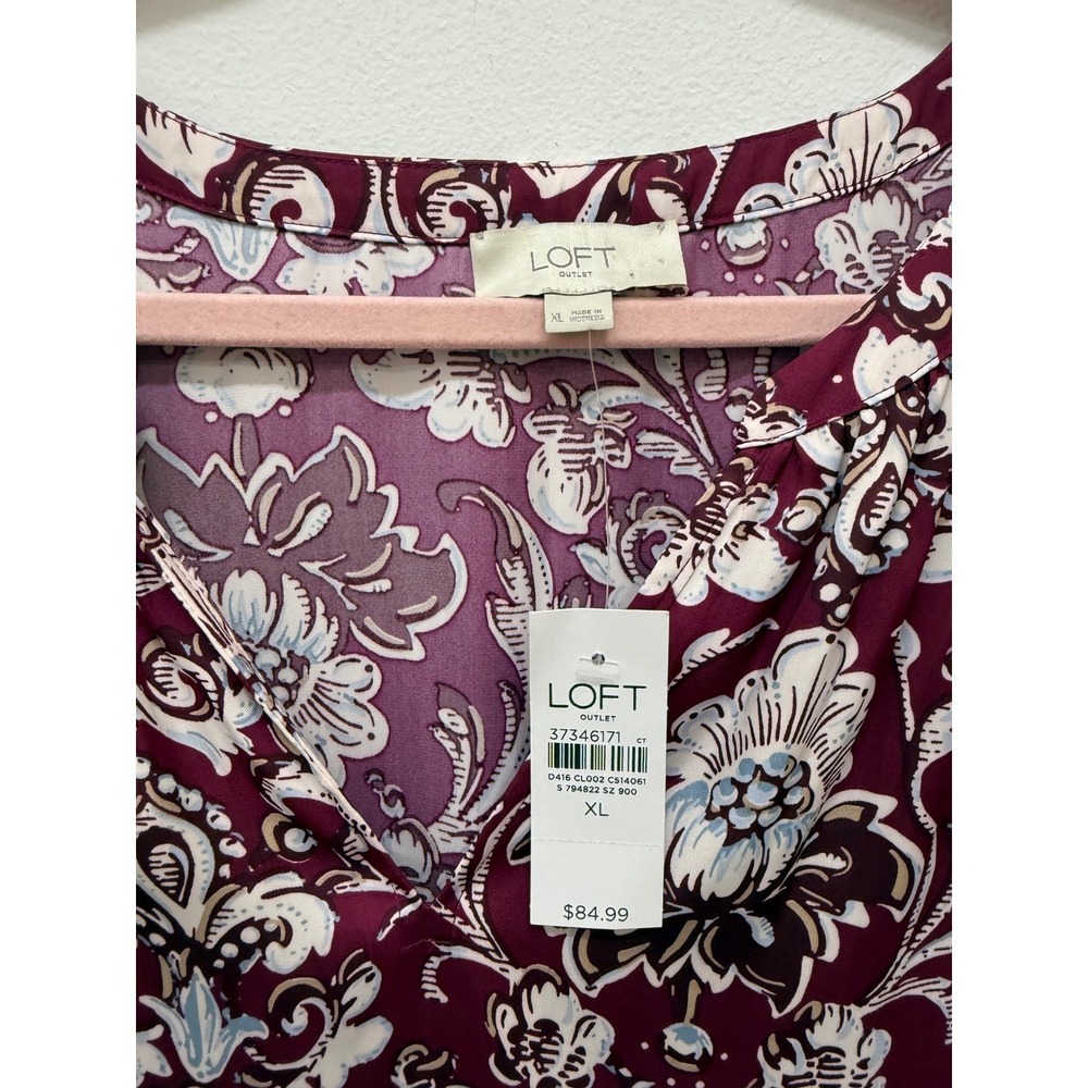 LOFT Floral V-Neck Long Sleeve Dress XL Burgundy Lavender NWT - Picture 4 of 8